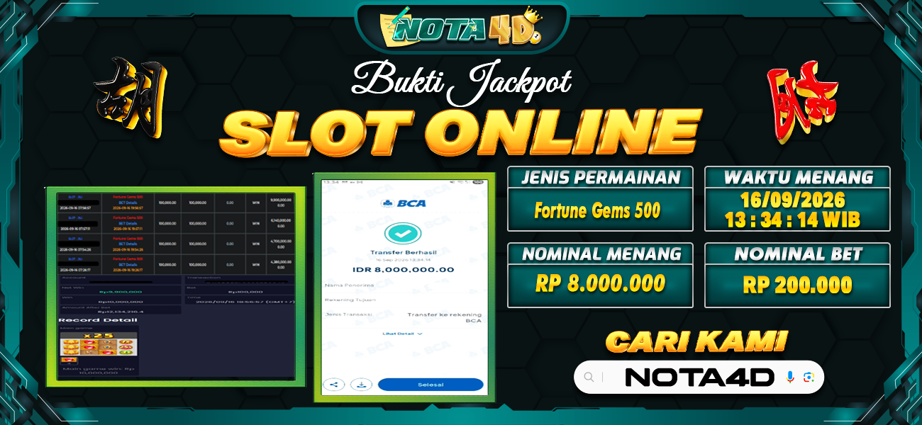 Bukti Kemenangan Besar Dibayar lunas Member NOTA4D RP 8.000.000, 16 September 2026